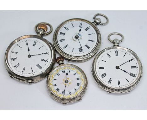 A collection of four antique silver open faced ladies pocket watches, comprising of three unsigned mid sized hallmarked silve