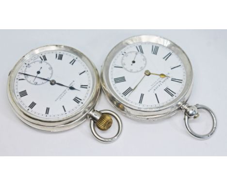 Two antique 'Acme Lever' silver open face pocket watches by H. Samuel, Manchester, both with signed white enamel dials having