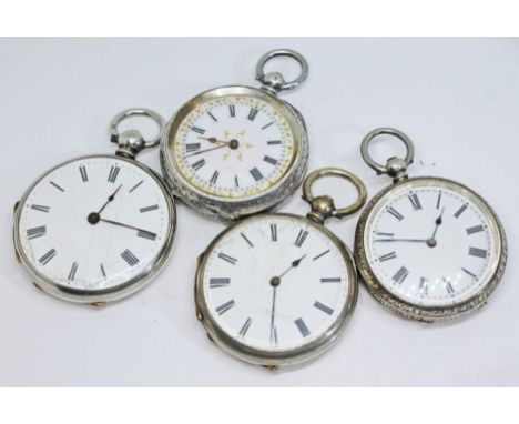 Four antique continental silver open face key wind ladies pocket watches, two marked 'fine silver' and two marked '0.935', al