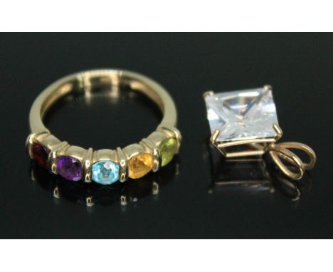 A hallmarked 9ct gold multi-gemstone ring size M, together with a princess cut aquamarine pendant marked '9kt', gross wt. 3.5
