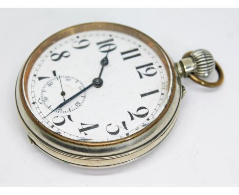 An antique oversized chrome plated railroad style open faced pocket watch having unsigned white enamel dial with Arabic numer