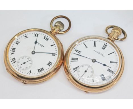 Two gold plated Waltham open face pocket watches, circa 1898 &amp; 1908, both having signed white enamel dials with Roman num