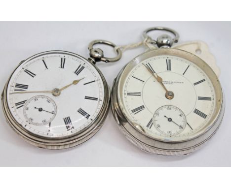 Two Victorian hallmarked silver key wind open faced pocket watches, the first with unsigned white enamel dial having Roman nu