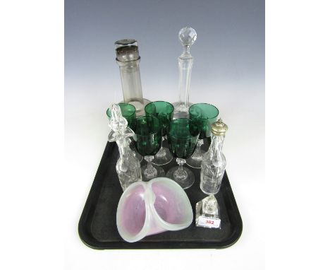 Two glass decanters together with a Vasart basket and an inkwell etc