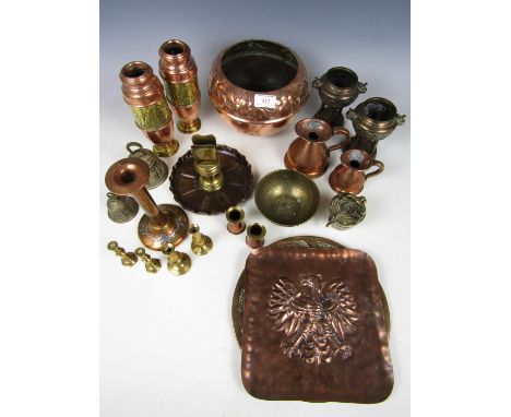 A copper planter together with oriental vases and copper measuring jugs etc
