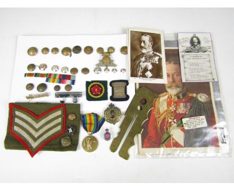 Military buttons, various other items of insignia, a button stick, Royal commemoratives and a Victory medal to 321302 PTE H G