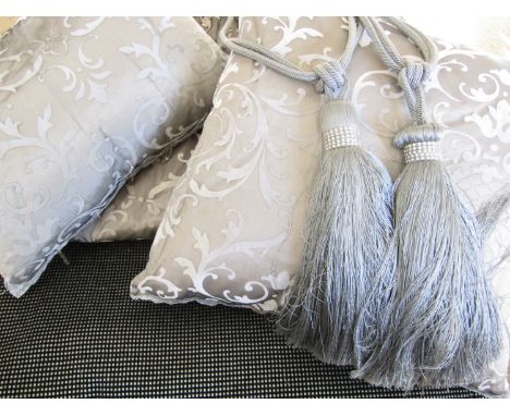 A complete bedroom suite of soft furnishings in grey flocked voile, comprising lined curtains, each 216 x 260 cm wide, two fe