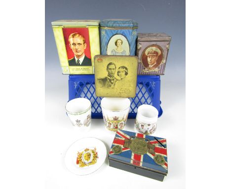 A quantity of Royal Commemorative tins and ceramic beakers