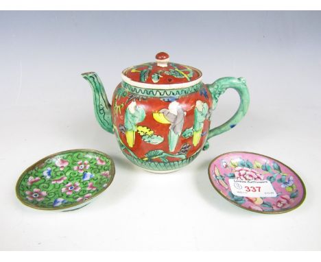 A 19th century Chinese earthenware bullet teapot together with two Canton enamel dishes