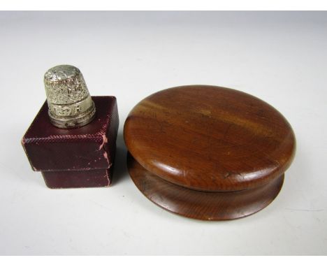 A Victorian turned wood snuff box together with a silver Coronation commemorative thimble