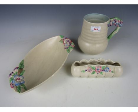 Three items of 1930s Clarice Cliff Wilkinson Ltd pottery, including My Garden dish, shape 768, 32 cm diameter, flower jug, sh