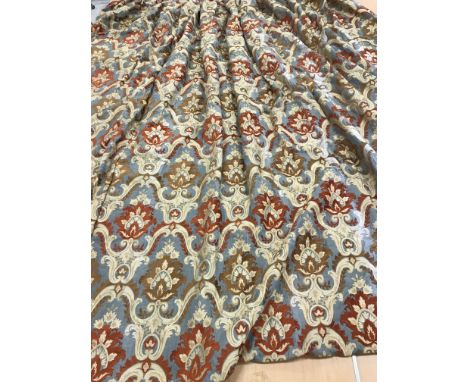 Two pairs of tapestry and chenille type interlined curtains, the teal ground set with scrolling foliate design in autumnal co