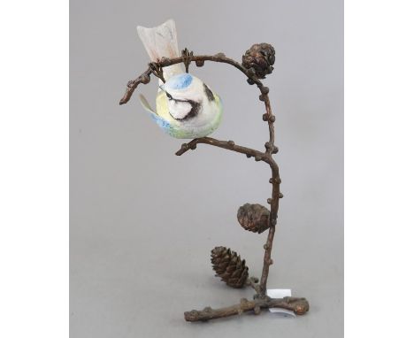 An Albany Fine China Co. ceramic bird study incorporating metal. Modelled as a Blue Tit. Factory mark to metal base. 18 cm ta