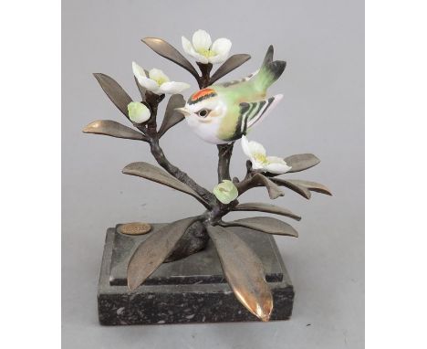 An Albany Fine China Co. ceramic bird study incorporating metal. Modelled as a Gold Crest. Factory mark to metal base. 10 cm 