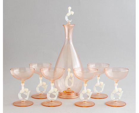 A Bimini Werkstatte Art Deco pink and opaque glass cordial set, circa 1930's, comprising a carafe, stopper and six glasses, h