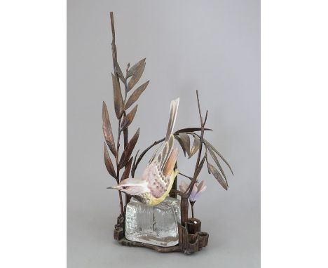 An Albany Fine China Co. ceramic bird study incorporating metal and glass. Modelled as a Grey Wagtail. Factory mark to metal 