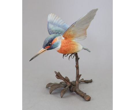 An Albany Fine China Co. ceramic bird study incorporating metal. Modelled as a Kingfisher. Factory mark to metal base. 14 cm 