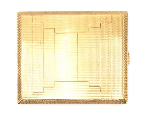 A George VI Art Deco 9ct gold engine turned pocket cigarette case, Chester 1938, internal engraved presentation inscription a