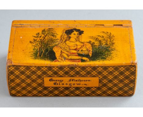 A late 19th Century mauchline ware lidded table snuff box, the hinged cover with an image of an elegant lady, foil lined inte