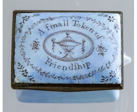 A Bilston enamel patch box, circa 1780, light blue with motto A Small Token of Friendship, width 4.5cm