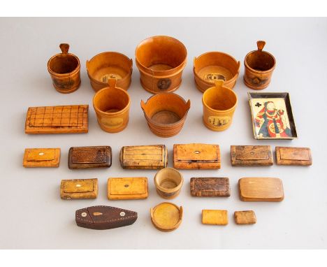 A collection of assorted mainly 19th Century treen, to include numerous Mauchline ware pails, pocket snuff boxes, a coffin pu