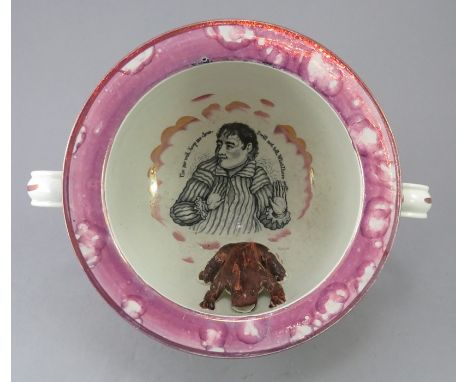 An early nineteenth century transfer-printed Sunderland lustre chamber pot, c.1820-30. It is decorated in enamel colours and 