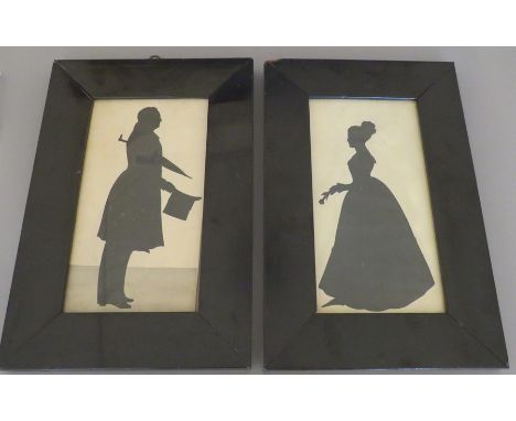 A pair of 19th Century full length profile silhouette portrait miniatures, lady holding a flower and a gentleman with an umbr