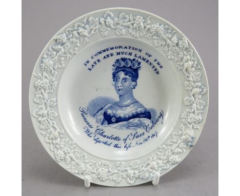 An early nineteenth century commemorative blue and white transfer-printed moulded child's plate, c.1817. It is decorated with