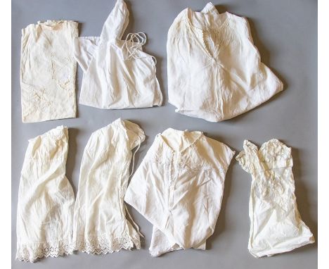 A ladies night dress with a Yoke trimmed with Broderie anglaise. A large Mens night shirt 1895/1900 white cotton, trimmed wit