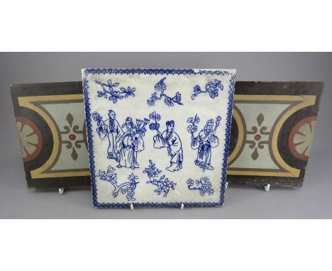 A group of three nineteenth century earthenware tiles. Comprising of a Copeland blue and white transfer-printed tile with Chi