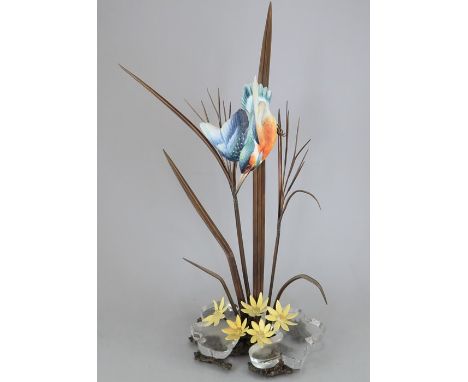 An Albany Fine China Co. ceramic bird study incorporating metal and glass. Modelled as a diving Kingfisher. Factory mark to m