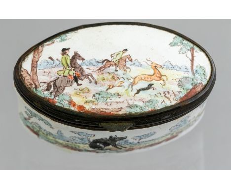 An 18th Century oval enamel patch box, probably continental, circa 1780, decorated with a wild boar hunting scene, width 5.5c