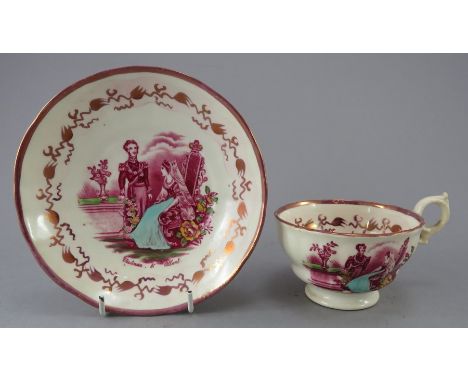 A mid-nineteenth century transfer-printed cup and saucer, c.1840. It is decorated with a titled scene of Queen Victoria and P