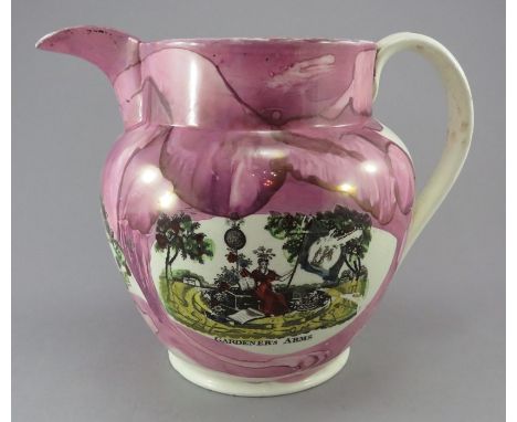 An early nineteenth century transfer-printed Sunderland lustre jug, c.1830-40. It is decorated in enamel colours and lustre d