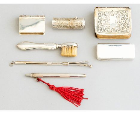 A collection of items of hallmarked small silver, to include a miniature toothbrush, a vesta case marked Ortner & Houle, a cy