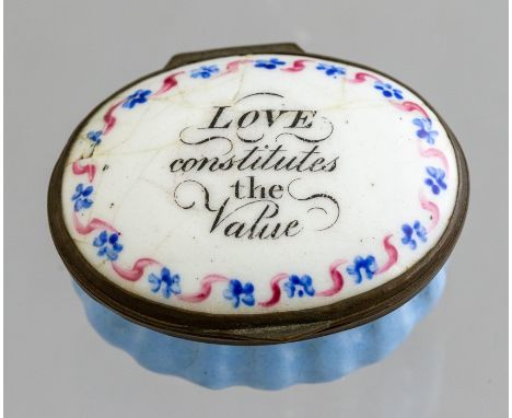 A Bilston oval enamel patch box, circa 1780, the cover with motto Love Constitutes the Value, width 4cm&nbsp;