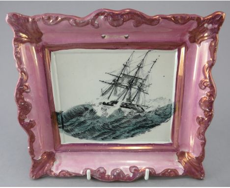 An early nineteenth century Sunderland lustre transfer-printed plaque, c.1830-40. It is decorated with a ship print with enam