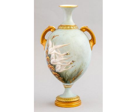 A Royal Worcester twin handled baluster vase, date cypher for 1903, painted with swans in flight and a swallow on the rear, s