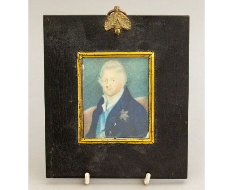 A Regency portrait miniature of William IV on ivory, half length wearing a blue tunic with decoration and a white stock, 8 by