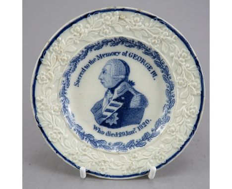 An early nineteenth century commemorative blue and white transfer-printed moulded child's plate, c.1820. It is decorated with