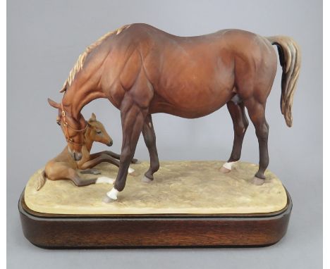 A Royal Worcester Bone China model of a horse and foal, titled 'The New Born' on wooden base. Factory marks to base. 1975, No