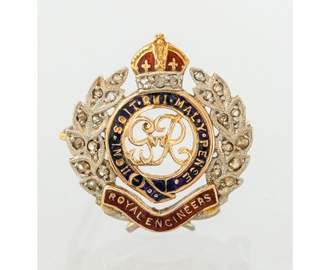 A 9ct rose gold and platinum George VI Royal Engineers brooch, diamond and enamel, height 2cm, approximate weight 3.8 grams C