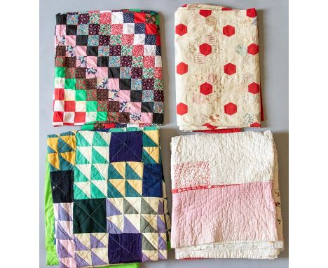 A square patchwork quilt in the form of a throw, in colourways of pink, floral, navy and jade green, lilac, black etc, needs 