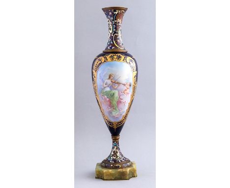 A 19th Century porcelain and champleve enamel baluster vase, probably Sevres, painted with a cartouche panel of a classical m