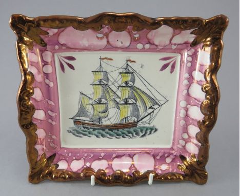 An early nineteenth century Dixon & Co. Sunderland lustre transfer-printed plaque, c.1830-40. It is decorated with a ship pri