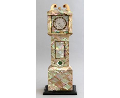 A 19th century miniature longcase clock, mother of pearl, bone and abalone, swan neck pediment, dial fascia flanked by turned