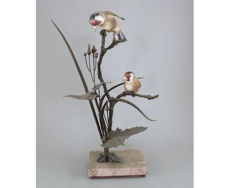 An Albany Fine China Co. ceramic bird study incorporating metal. Modelled as two Gold Finches. Factory mark to metal base. 35
