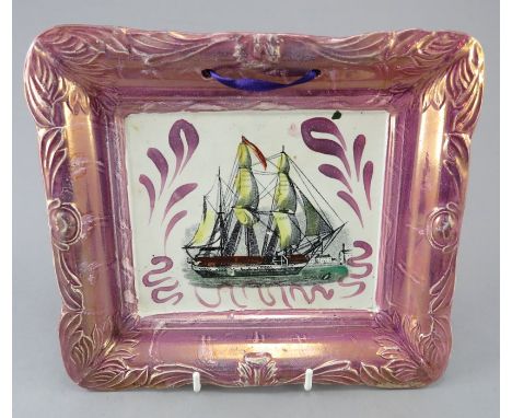 An early nineteenth century Sunderland lustre transfer-printed plaque, c.1830-40. It is decorated with a ship print with enam