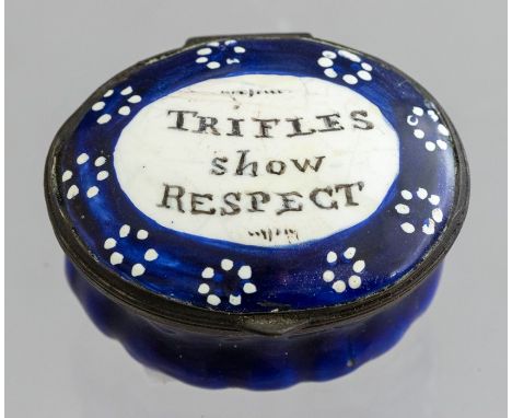 A Bilston enamel oval patch box, circa 1790, the cover with motto Trifles Show Respect, width 4cm&nbsp;
