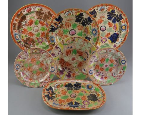 A group of early nineteenth century Spode transfer-printed wares, c.1820. They are all decorated in red with applied enamel c